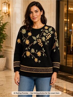 Vintage Carole Little Black Wool Floral Appliqué Sweater M/L Boho Cottagecore
